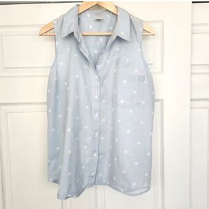Women's Vintage Y2K Faded Glory Sleeveless Blue Polka Dot 100% Cotton‎ Shirt XL